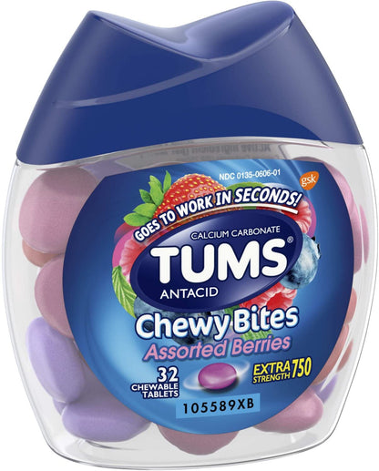 TUMS Chewy Bites Antacid, Assorted Berries, 32 Chewable Tablets