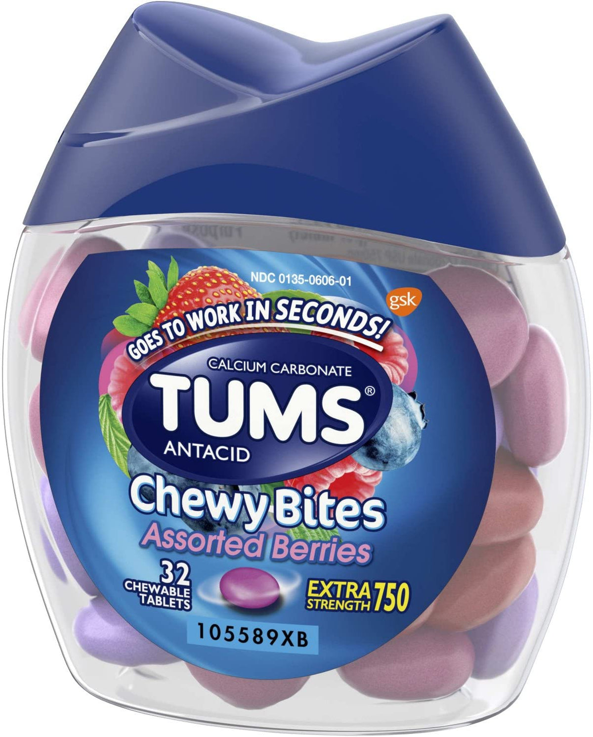 TUMS Chewy Bites Antacid, Assorted Berries, 32 Chewable Tablets
