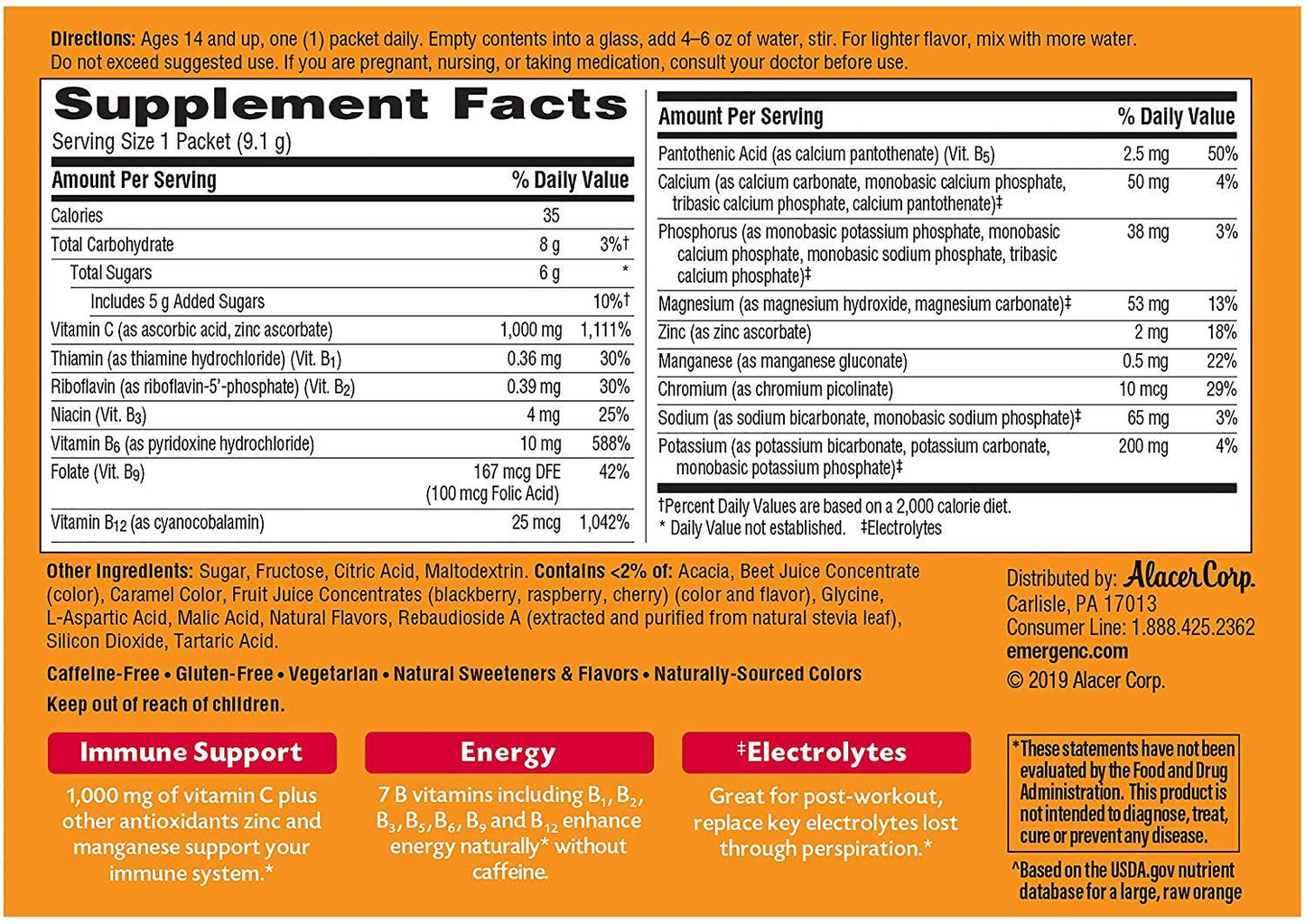 Emergen-C Rapsberry 1000 mg Vitamin C Drink Mix, 30 Packets