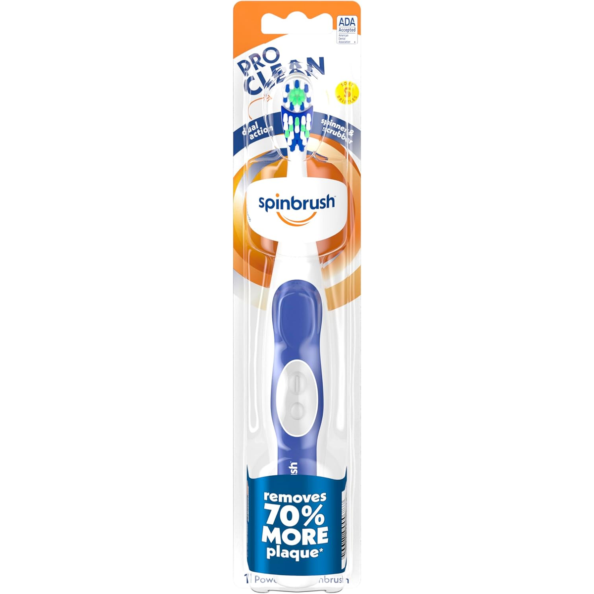 Arm & Hammer Spinbrush Pro Clean toothbrush in blue and white packaging, featuring a soft bristle head and ADA seal.