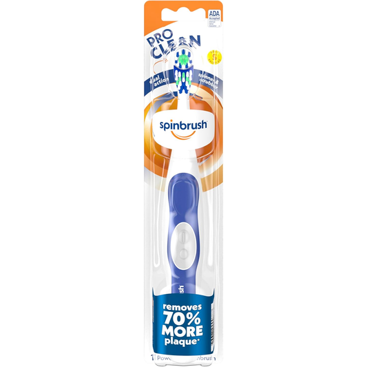 Arm & Hammer Spinbrush Pro Clean toothbrush in blue and white packaging, featuring a soft bristle head and ADA seal.