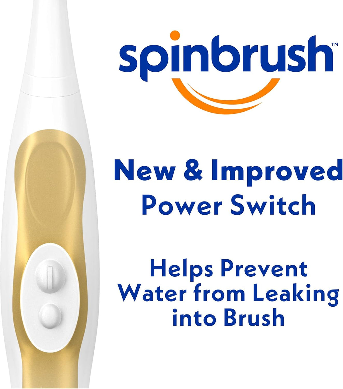 Arm & Hammer Spinbrush Pro Clean toothbrush with a white and gold design, featuring a new power switch.