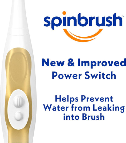 Arm & Hammer Spinbrush Pro Clean toothbrush with a white and gold design, featuring a new power switch.