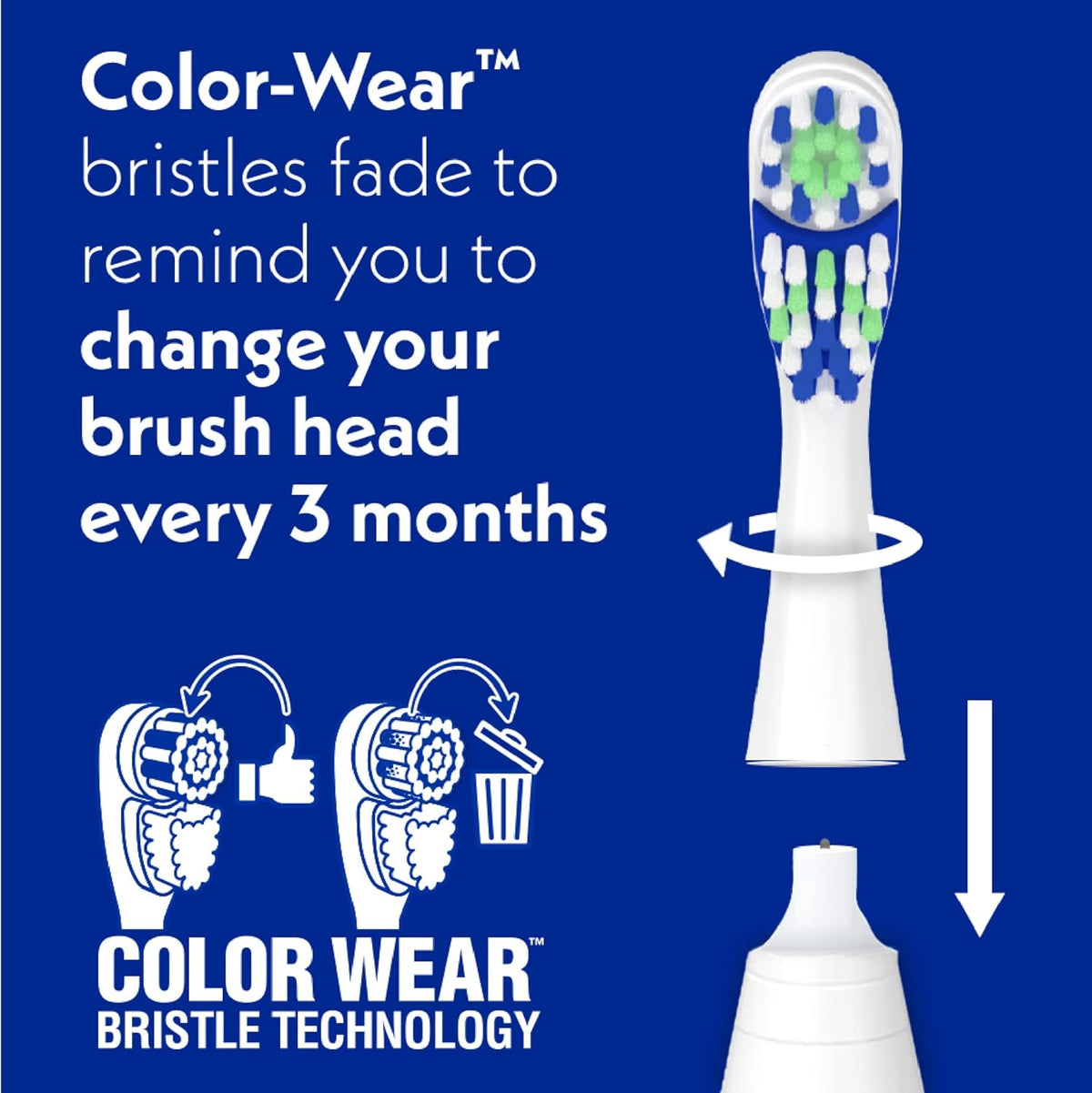 Arm & Hammer Spinbrush Pro Clean toothbrush with soft bristles and Color-Wear technology for head replacement reminders.
