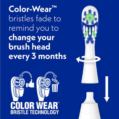 Arm & Hammer Spinbrush Pro Clean toothbrush with soft bristles and Color-Wear technology for head replacement reminders.