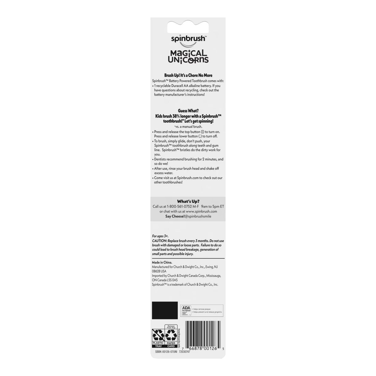 Back label of spinbrush Magical Unicorns electric toothbrush product on a white background