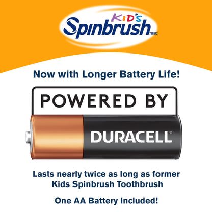 Advertisement for Kids Spinbrush with Duracell battery on an orange and white background