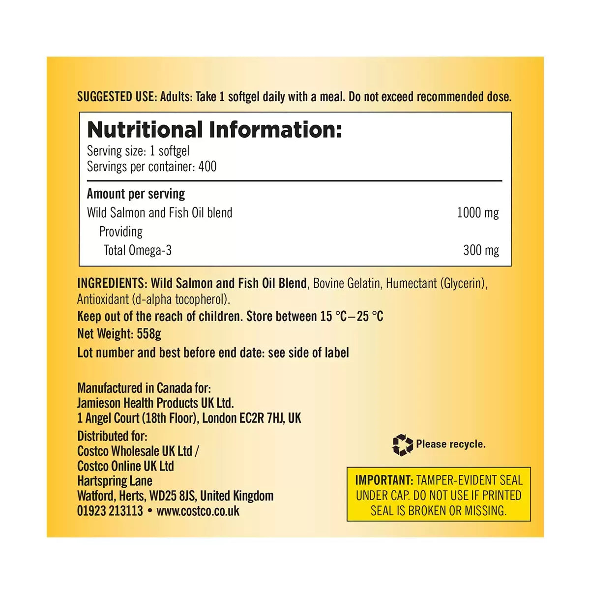 Kirkland Signature Sustainably Sourced Fish Oil 1000 mg, 400 Softgels