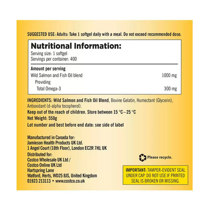 Kirkland Signature Sustainably Sourced Fish Oil 1000 mg, 400 Softgels