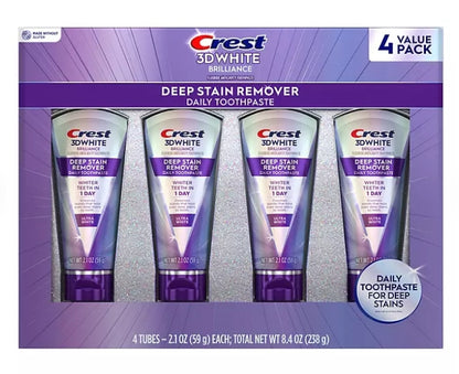 Crest 3D White Brilliance Deep Stain Remover Ultra White Toothpaste, 2.1 Oz (59 G) 4 Pack